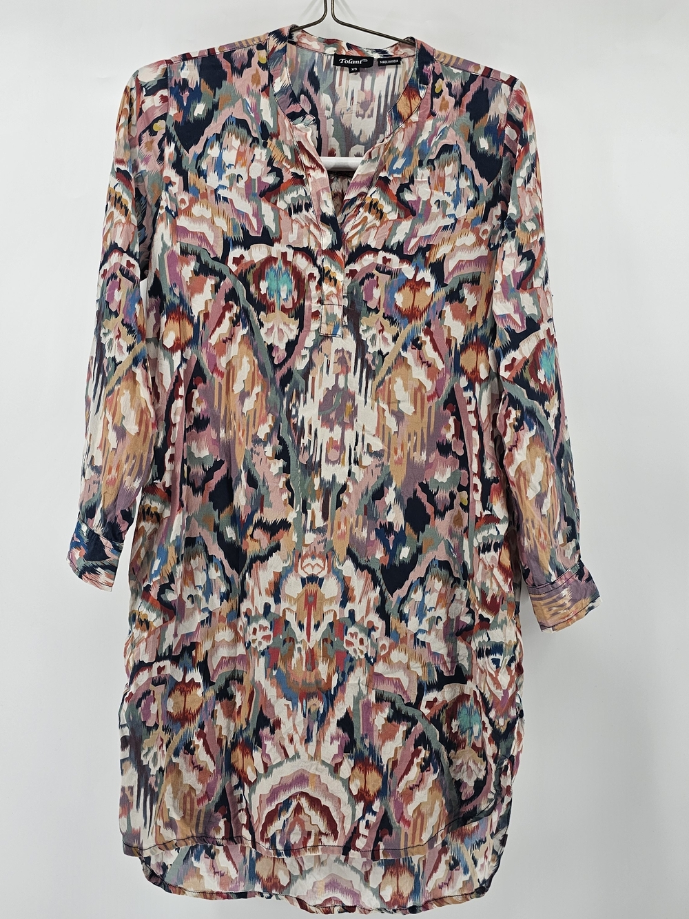 Tolani‎ XS Silk Blend Ikat Boho Tunic Dress - Long Sleeve V-Neck